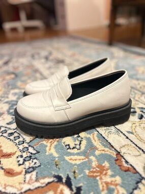 Lulu's Cream Platform Penny Loafers with Black Sole